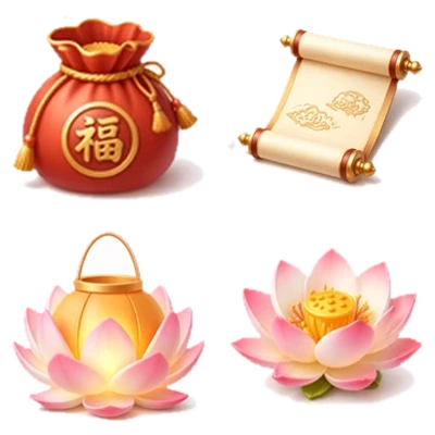 福袋、卷轴、莲花灯等祈福道具