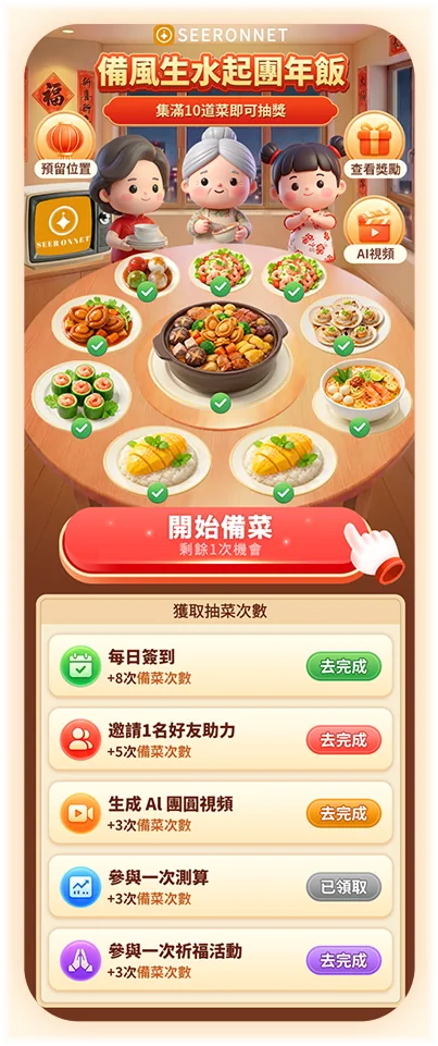 团圆饭会场页面：一家三口与圆桌菜品、开始备菜按钮、获取抽菜次数任务列表