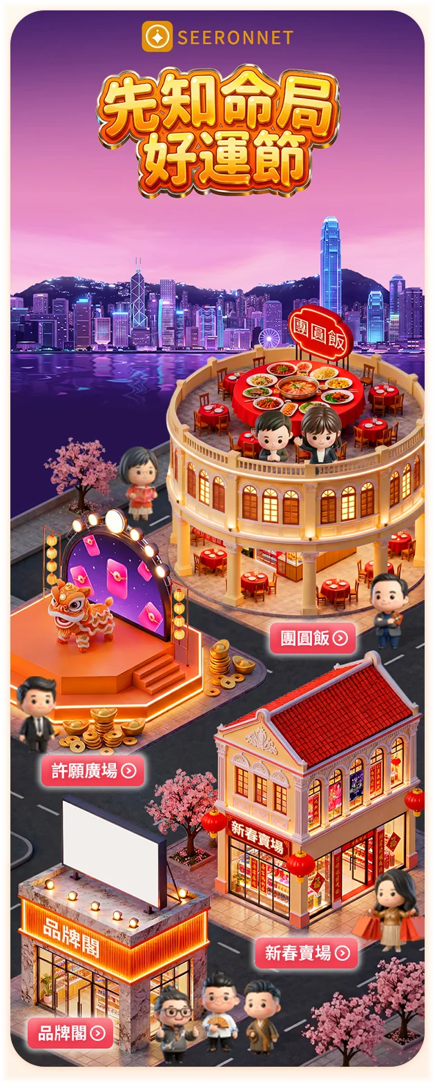 先知命局好运节主会场长页：金色立体标题、维港夜景、团圆饭酒楼、舞狮许愿台、新春卖场与品牌阁