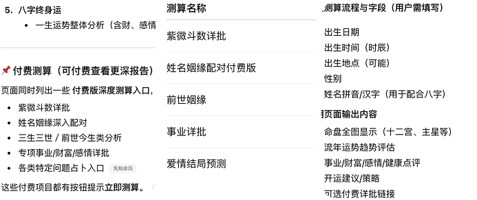 GPT 用户分析涉及的测算名称、出生资料与页面输出内容